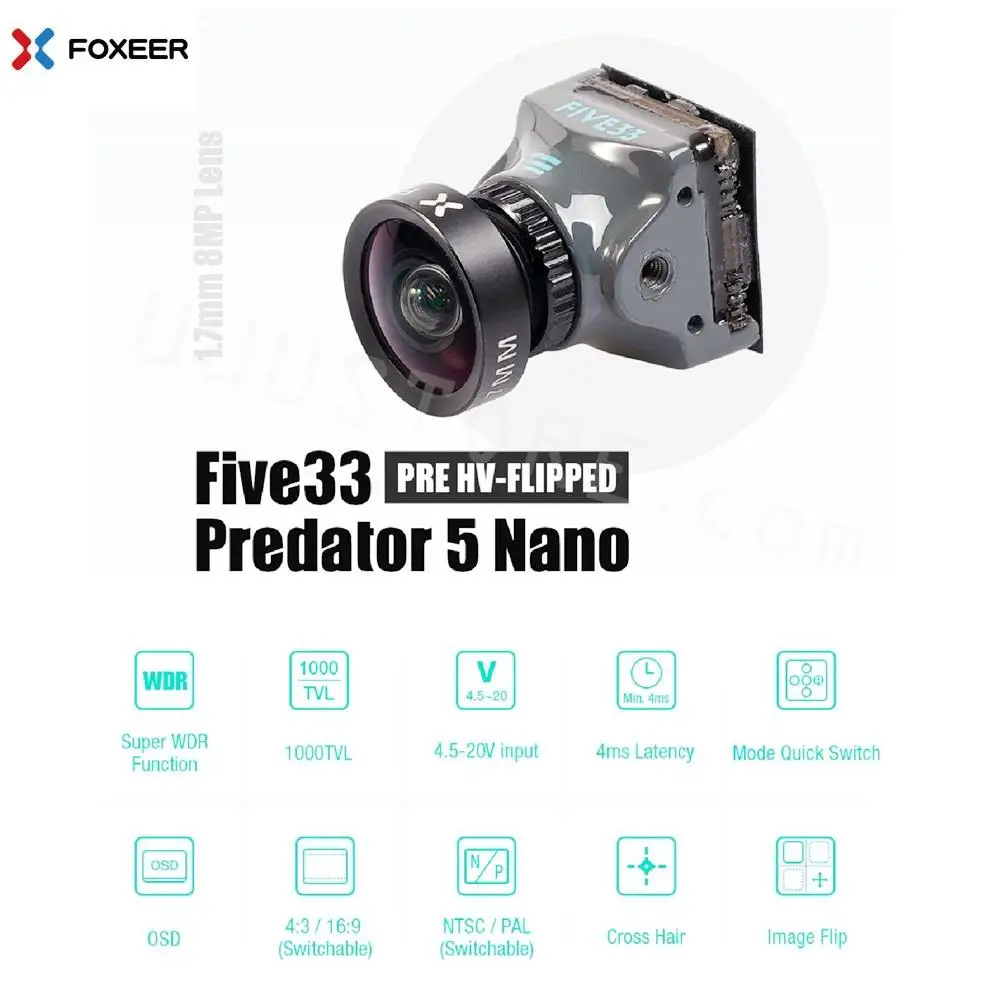 Foxeer Predator 5 Nano 1000TVL Five33 Edition HV Flip NTSC 4:3/16:9 PAL/NTSC Switchable FPV Camera OSD for FPV Racing Drones