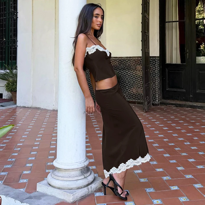 Linad Casual Lace Long Skirts Suits Sexy Crop Top Spaghetti Strap Vest With High Waist Skirt 2 Piece Sets Women 2026 Spring image 3