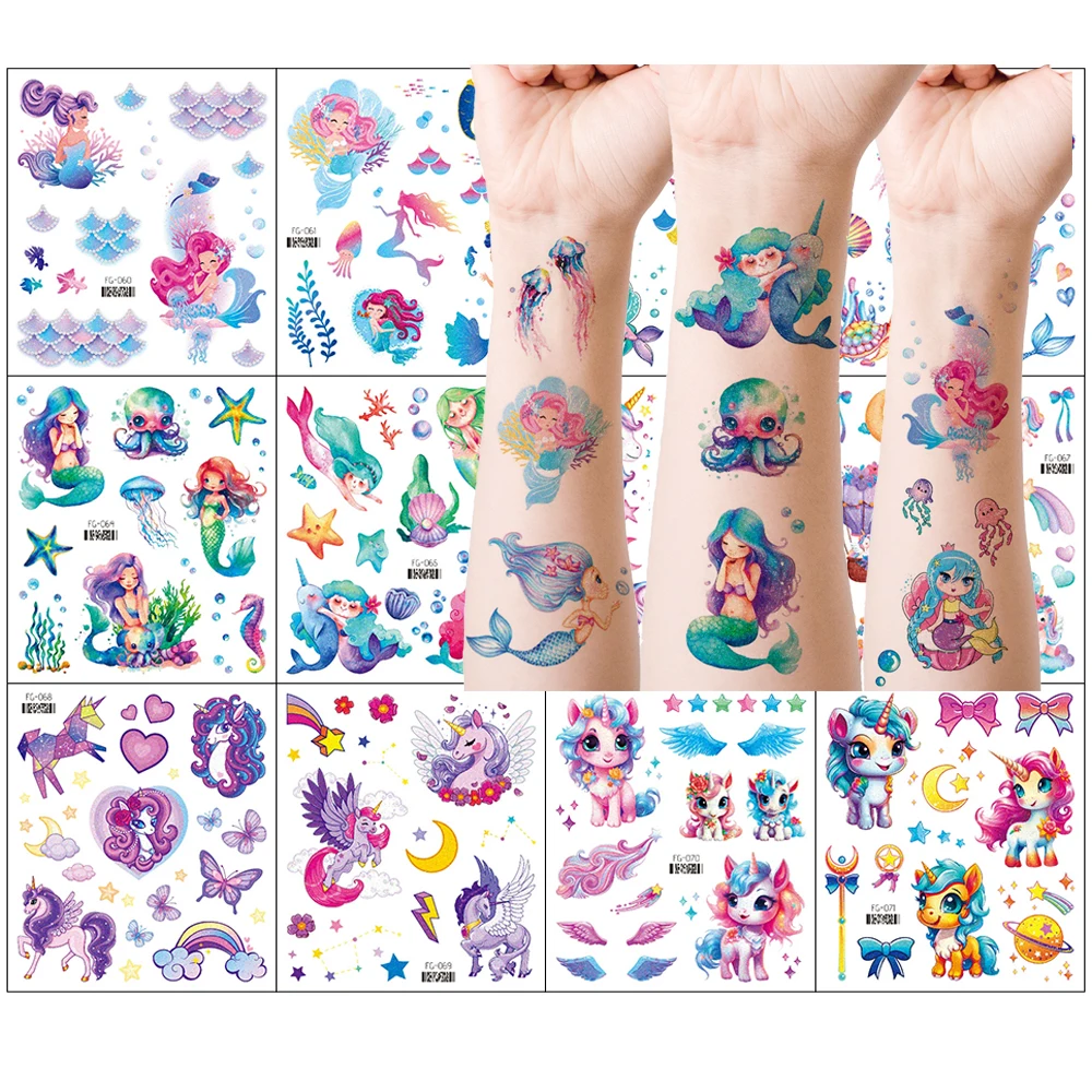 12 Sheets Waterproof Cartoon Temporary Tattoos Mermaid, Unicorn, Underwater World Cute Tattoo Stickers for Women Men Hand Tattoo