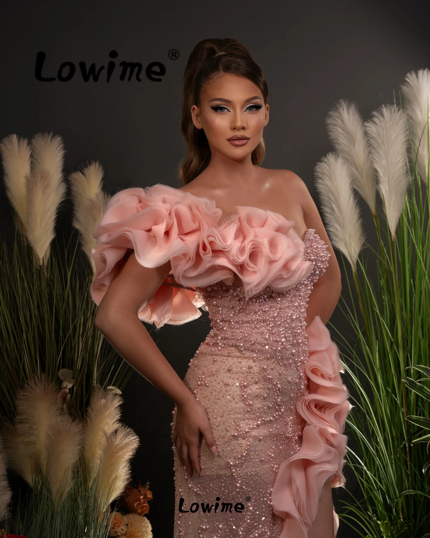 Pink Ruffles Off The Shoulder Prom Dresses 2024 Custom Made Beaded Wedding Party Dress Arabic Engagement Gowns Evening Wear Robe