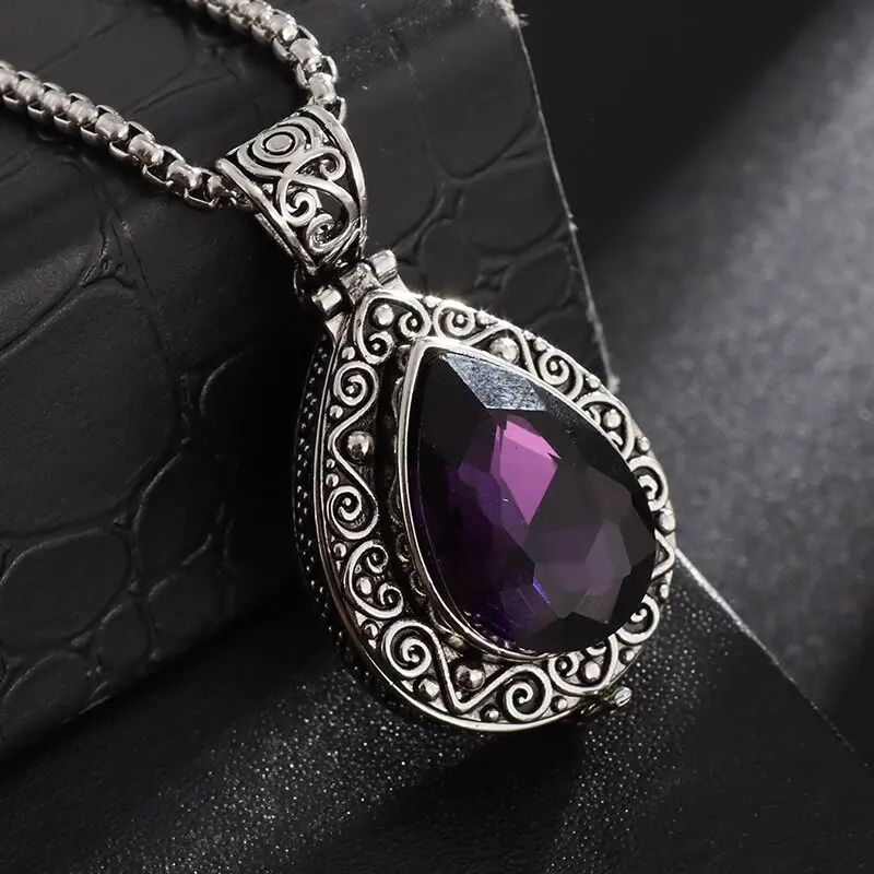 Gawu Box Pendant Silver-Plated Openable Sachet Box Inlaid with Water Drops Natural Amethyst Pendant Ladies Jewelry Gift