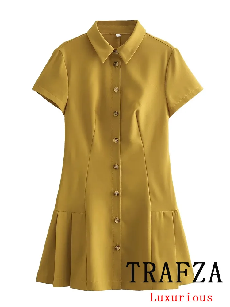 TRAFZA Vintage Casual Chic Women Dress Solid Turn-down Collar Single Breasted Pleated Vestidos Fashion 2024 Spring Summer Dress