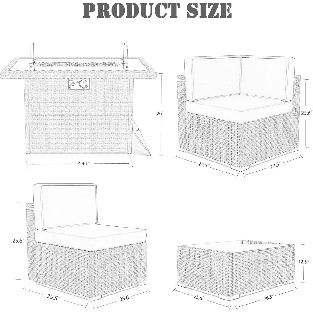 Juego de muebles de patio de 8 piezas con mesa para fogones de gas propano de 44", juegos de sofás de jardín de mimbre seccionales para exteriores