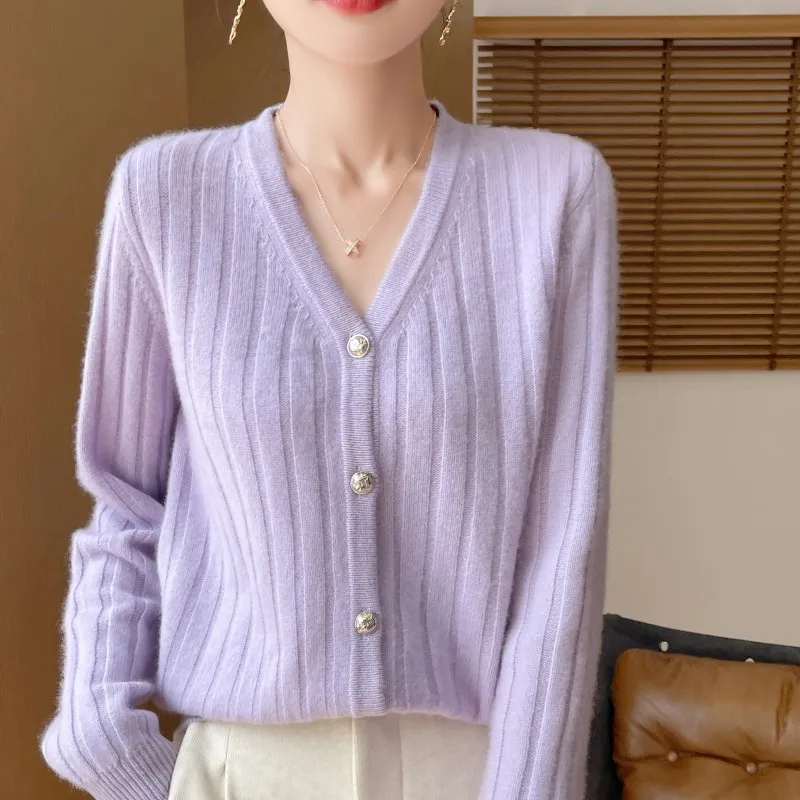 Autumn Winter New 100% Wool Women\'s Clothing V-neck Cardigan Knitted Cardigan Casual Loose Long Sleeved Tops Fashion Korean