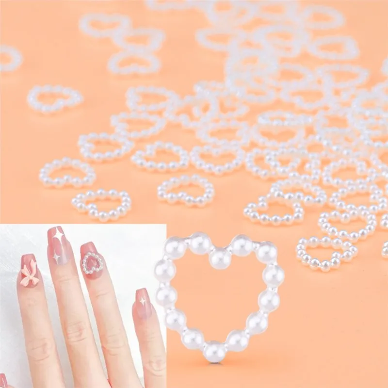 100Pcs/Bag Hollow Heart Pearl Nail Art Charms 11mm White Pink Pearl Flatback 3D Korean DIY Nail Decoration Valentine's Day Gifts