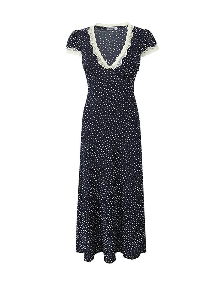 Women Lace V-neck Midi Dress Summer Short Sleeve Dark Blue Dot Dresses