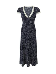 Women Lace V-neck Midi Dress Summer Short Sleeve Dark Blue Dot Dresses