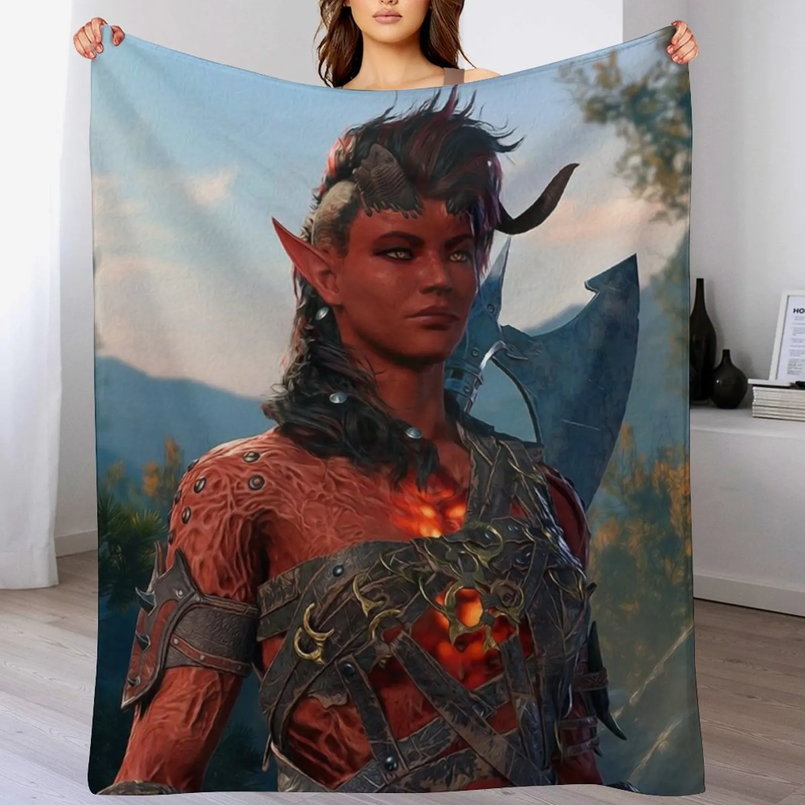 Karlach the Tiefling Barbarian Adventurer Throw Blanket