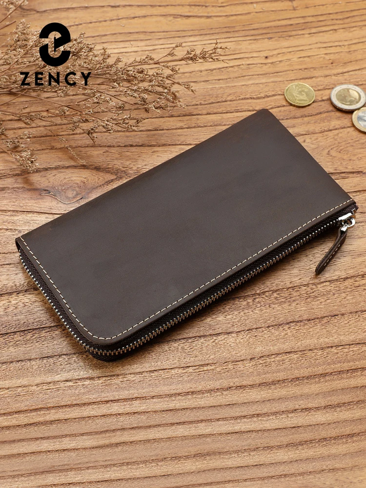 Zency New Purse Genuine Leather Long Wallet Cowhide Clutch Multifunction Multiple Card Slots Holders Bags Coin Bag Unisex