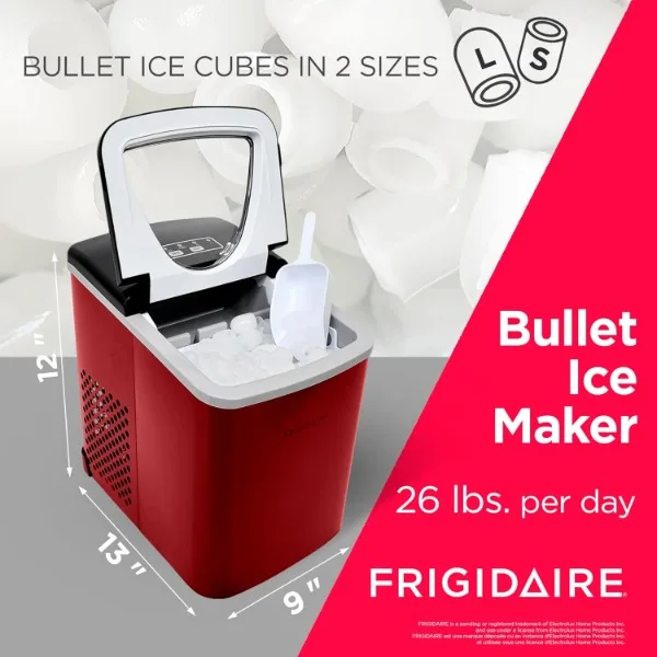 Pembuat es baja tahan karat Frigidaire EFIC117-SSRED-COM, 26lb per hari, merah tahan karat