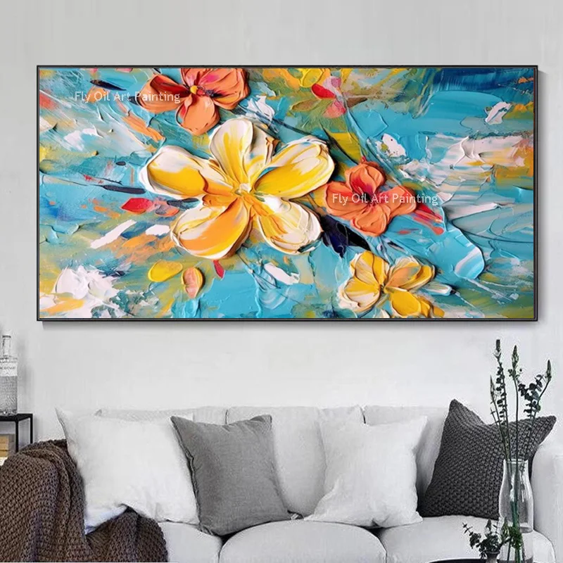 Small Fresh Withe Orange Flowers Oil Painting On Canvas Modern Handmade Large Flowers Knife Thick Artwork Decor Blue Background