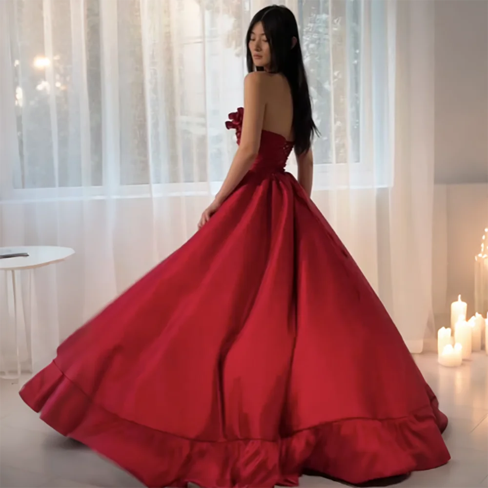 Women's Deep Red Satin Strapless Evening Dress 3D Floral Decor High‑Low Slit Ruffle Train Formal Wedding Guest Prom Party Gown