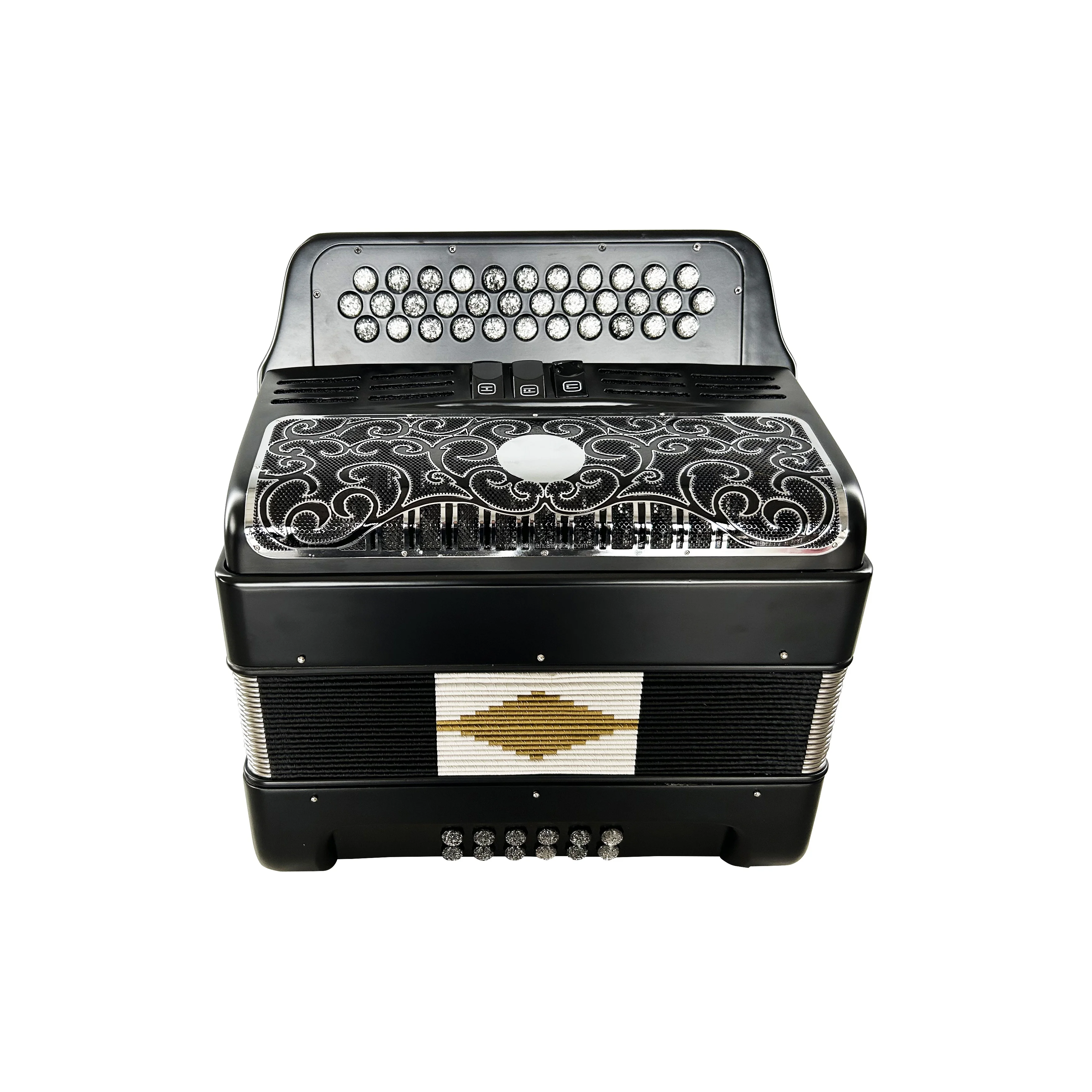 Professional 34-Button 12-Bass 3-Registers Black Matt Accordion Instrument Silver Buttons Black Silver Grill JB3412C Acrodeon