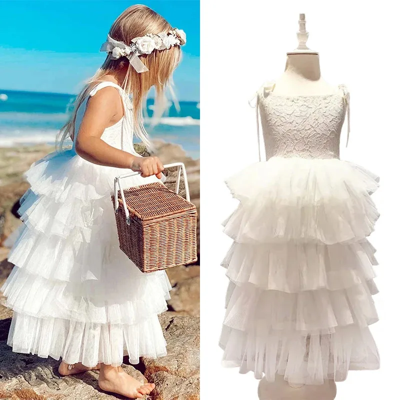 

Summer 2025 Lace Flower Cake Tiered Strapless Dress for Girls Luxury Children's Wedding Bridesmaids Christening Elegant Dresses