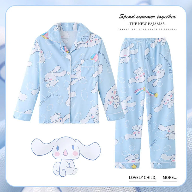 Sanrio Cinnamoroll Children\'s Sets Long Sleeves Printed Cartoon Two Piece Lapel Pajamas Comfortable Casual  Daily  Autumn Winter