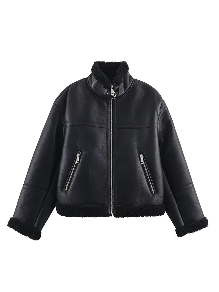 

HH Woman Fashion Winter Half Turtleneck Long Sleeves Pocket Zipper Trim Faux Leather Effect Jackets Female Street Style Coat