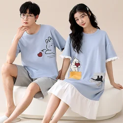 High Quality Couple Pajama Set Summer 100% Cotton Cute Cartoon Pyjamas Men Short Sleeve Pijamas Women Nightgown