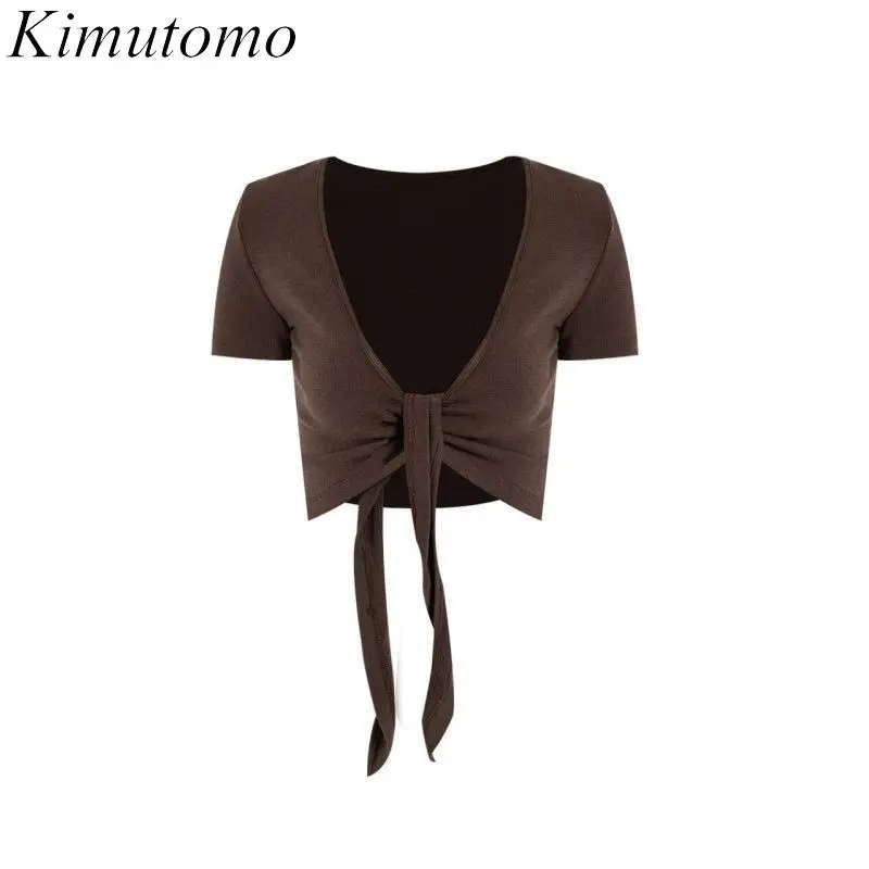 Kimutomo Women T Shirts Bandage Short Sleeve Summer Fashion Vintage Grunge Gothic Y2k Aesthetic Harajuku Knitted Crop Tops