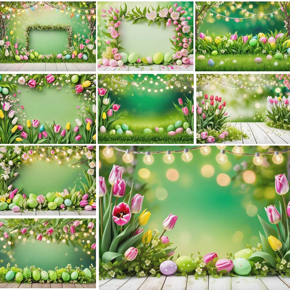 

MOON.QG Floral Spring Easter Backdrop Green Colorful Eggs Bokeh Photo Background Poster Photobooth Birthday Portrait Poster