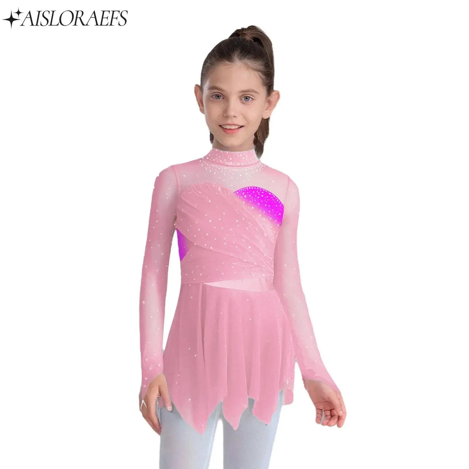 

Children Girls Ballet Lyrical Modern Dance Costume Long Sleeves Rhinestones Mesh Dress Performance Dress Figure Skating Clothes