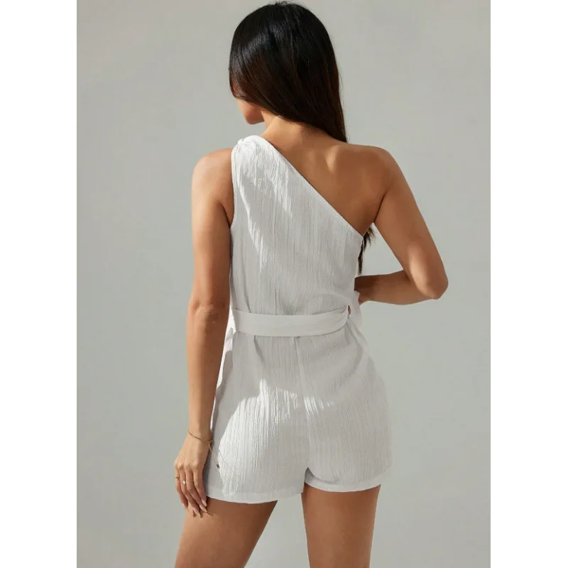 Pure Desire Style White Slanted Shoulder jumpsuit with women's lace up waist cinching and off shoulder slimming casual jumpsuit