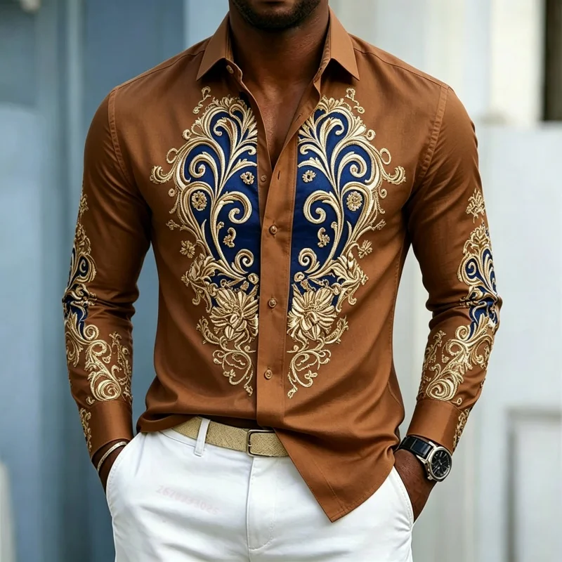 Men's Shirt Long Sleeve Spring Autumn Royal Baroque Scroll Floral Emboss Style Print Lapel Button‑Up Business Top Mens Clothing