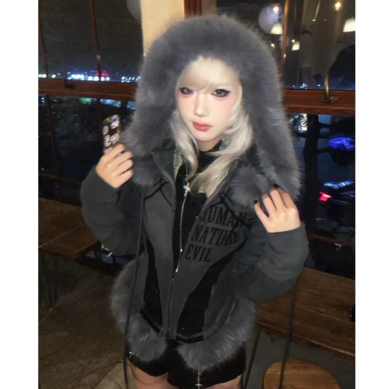 Y2K Rock Punk Motorcycle Fleece Long-Sleeve Hooded Sweatshirt Jacket Grunge Fur Collar Subculture Slim Top Harajuku Short Top