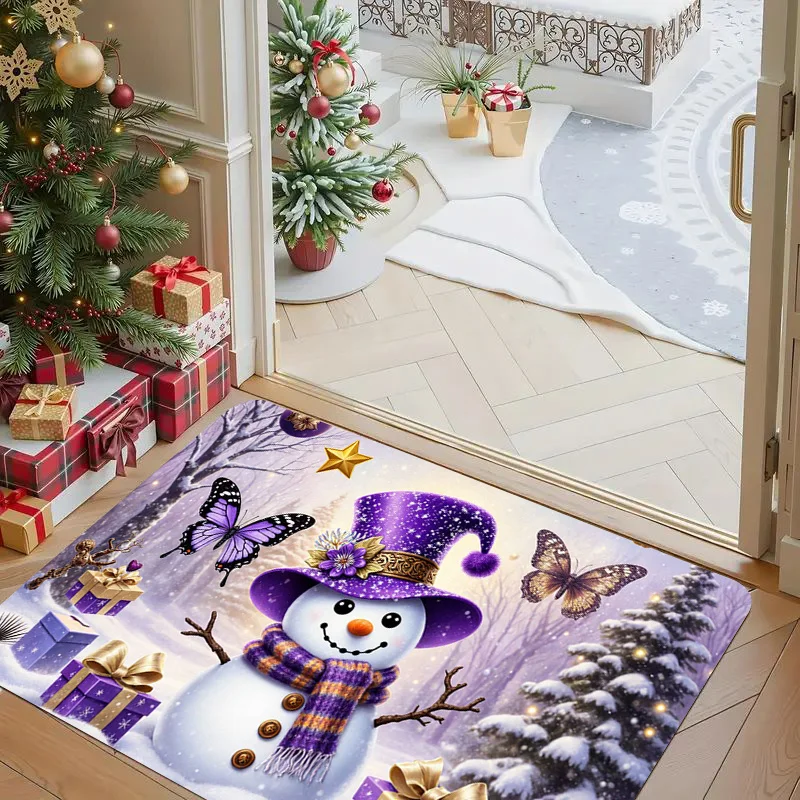 Magical Purple Snowman Butterfly Graphic Anti Slip Front Porch doormat Star Gift Pine Tree Winter Wonderland Xmas Entry Mat