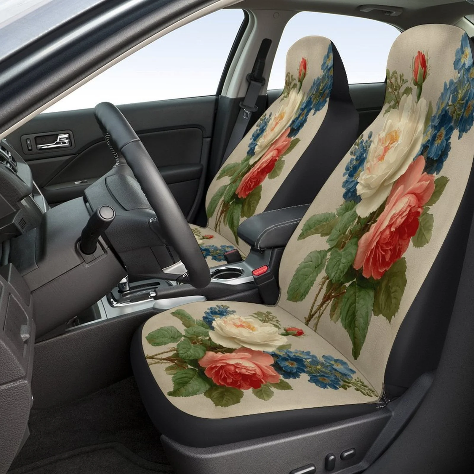 Fit Roses And Bluebells Car Seat Cover Set For Most Vehicles - Heavy-Duty For All-Season, Elegant Floral Design With Roses & Blu