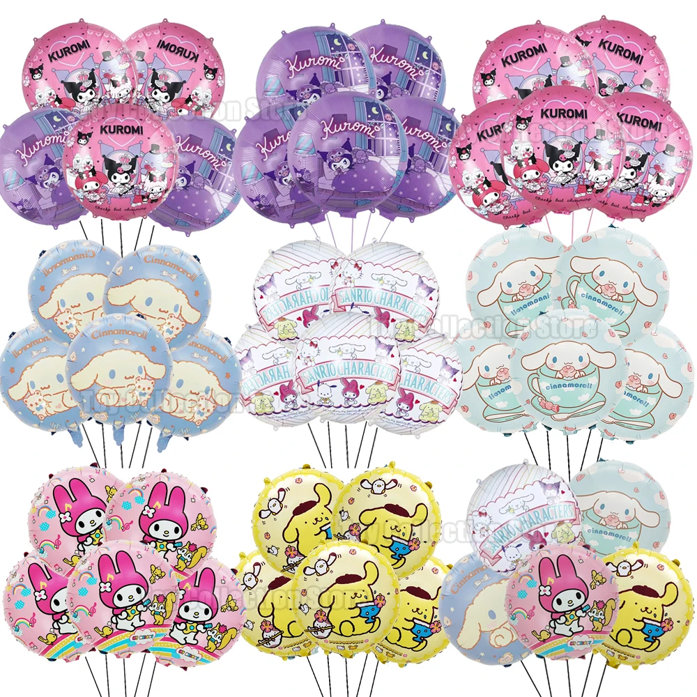 Sanrio Kuromi Melody Cinnamoroll Pompom Purin Round 5Pcs Foil Ballon Party Decor Supplies Aluminum Film Inflatable Globos Gifts