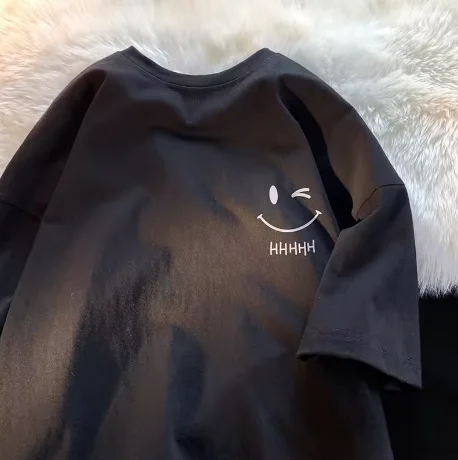 

Manches Courtes Pour Hommes Et Femmes En Pur Coton, T-shirt Ample À Impression Simple Avec Visage Souriant