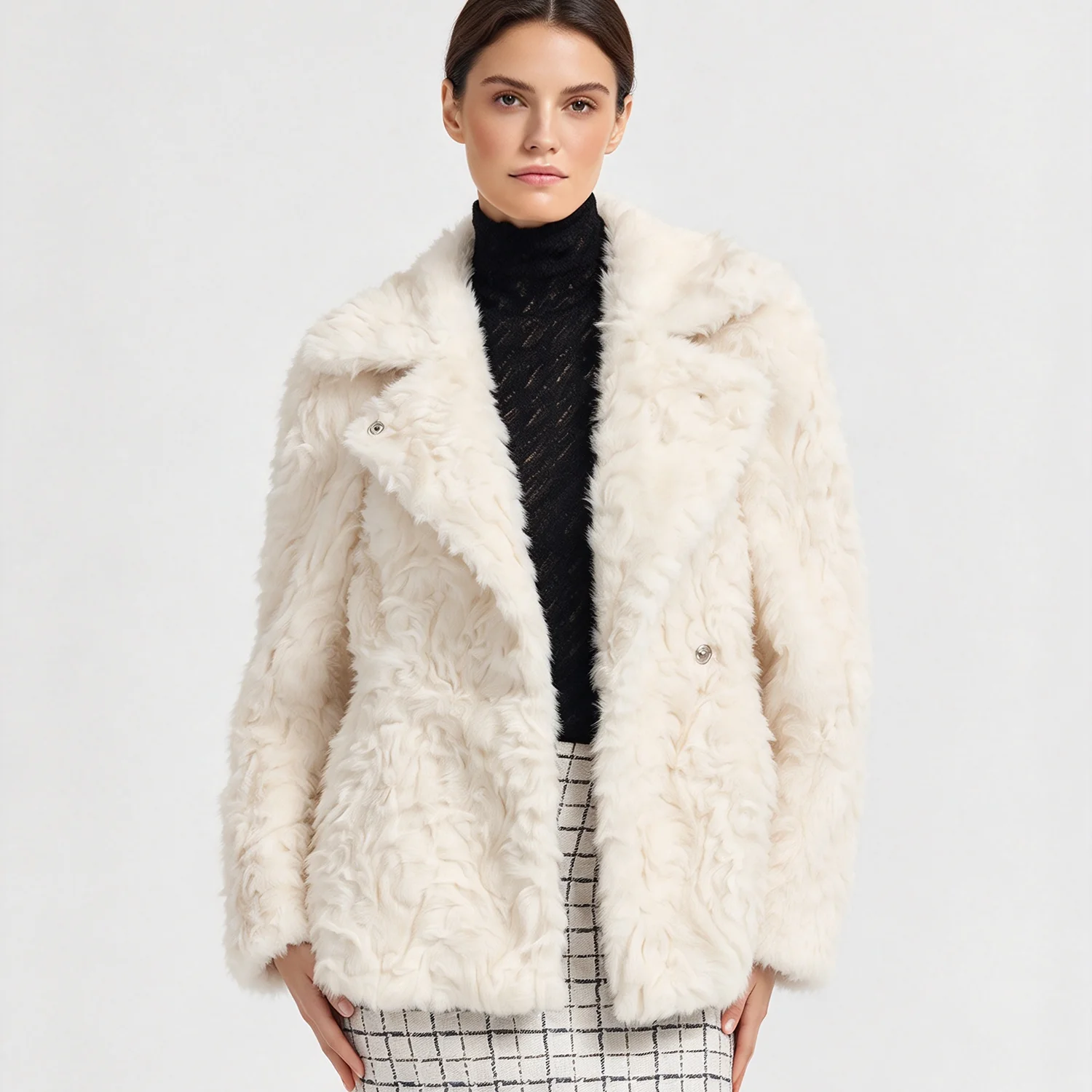 LIMO Women Faux Fur Coat Notched Lapel Loose Warm Winter Fluffy Furry Jacket