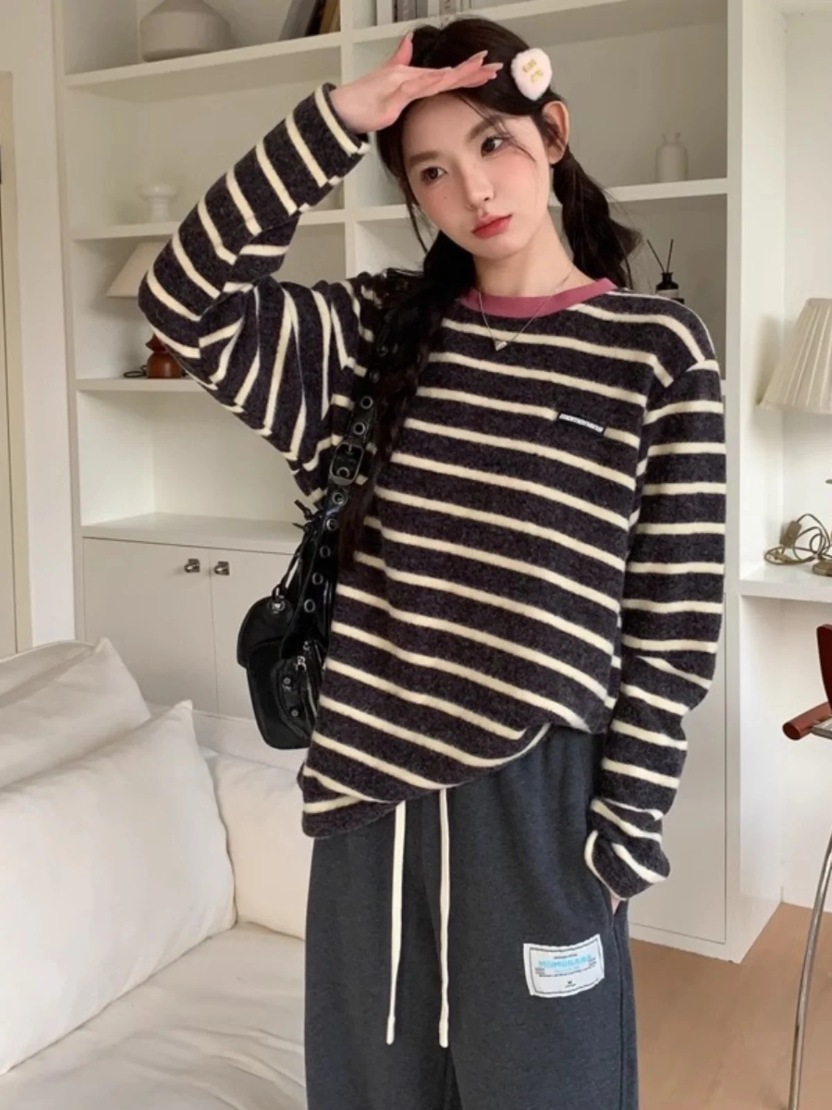 

MNANA Осенне-зимний повседневный комплект: свободный теплый топ в полоску на флисовой подкладке и длинные брюки для женщин, эксклюзивный набор для онлайн-покупок