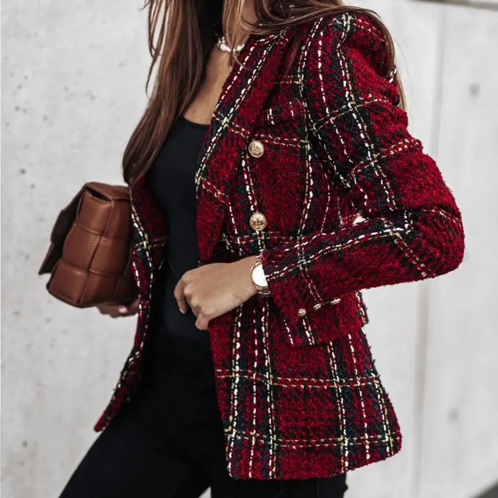 Chic Winter Coat Cardigan Plaid Print Office Lady Business Casual Winter Coat  Lady Blazer Thermal