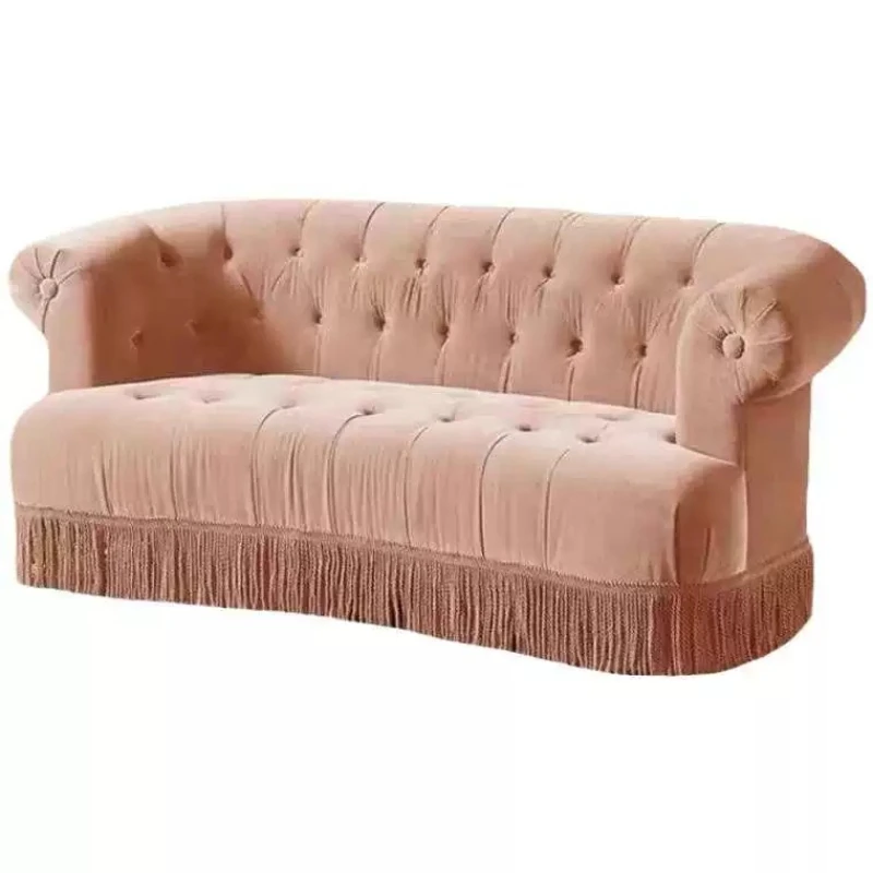 

Retro green velvet fringed pull-up double sofa, small apartment living room bedroom sofa