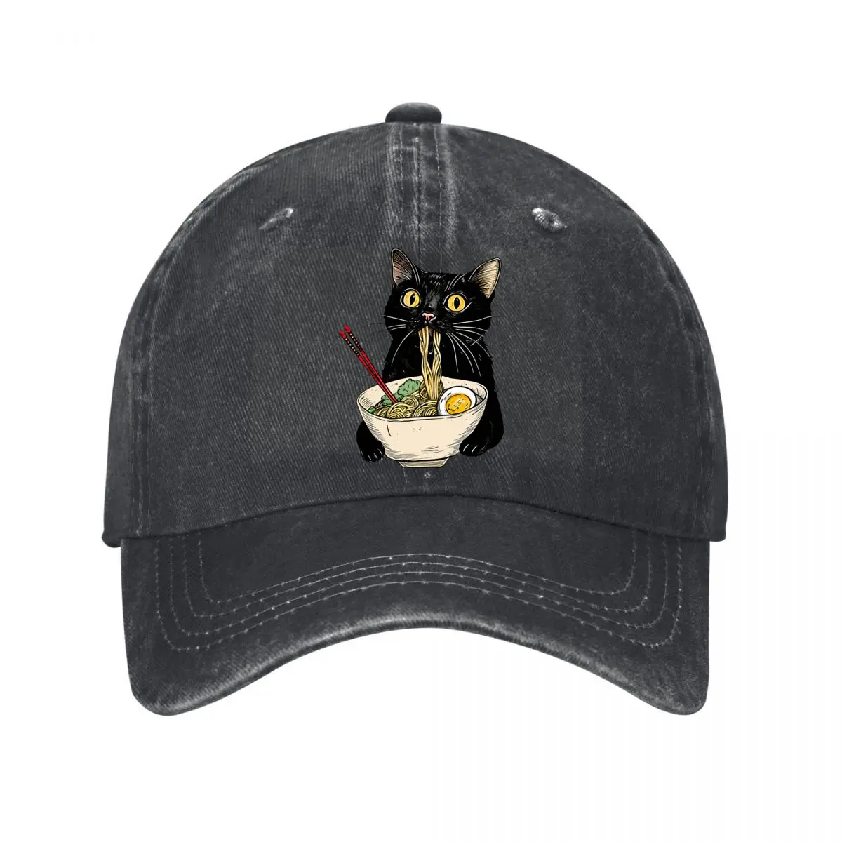 Kawaii Black Cat Eating Ramen Noodles Japanese Food Baseball Cap Men Women Distressed Washed Sun Cap Outdoor Hat