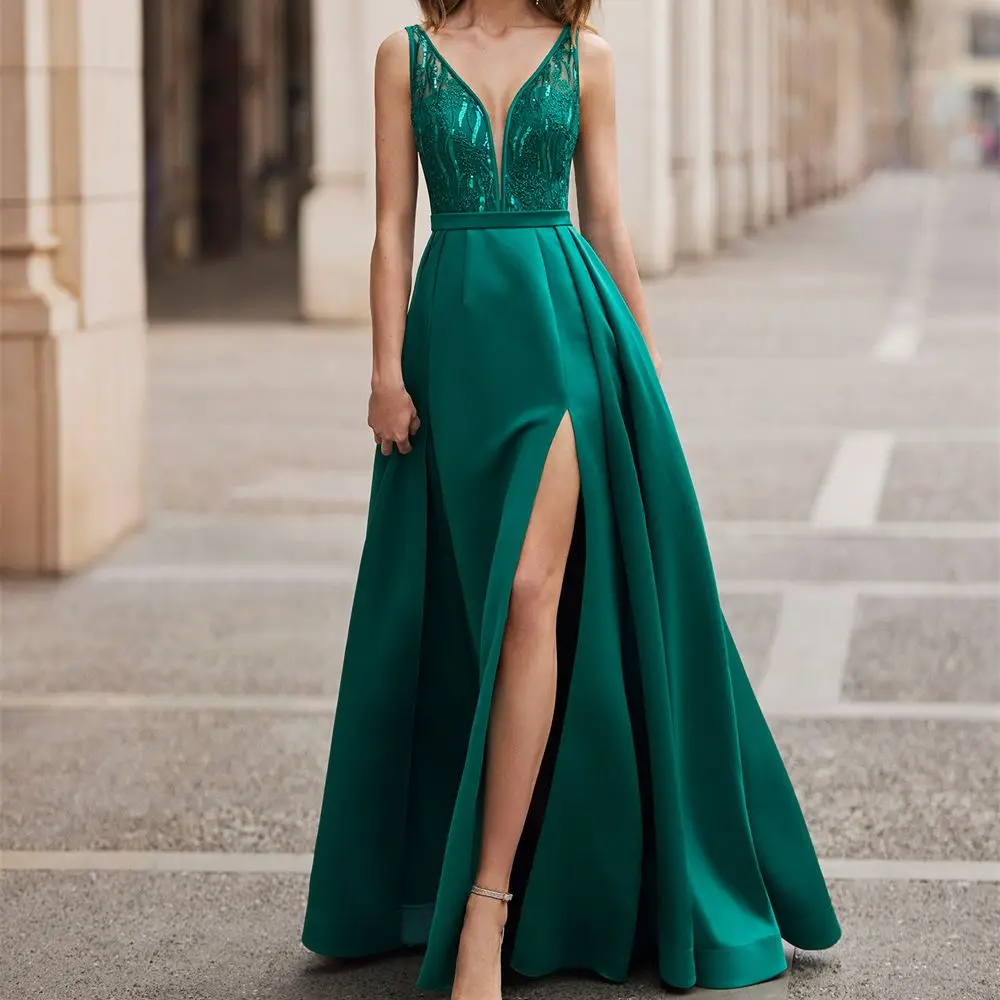 

Women's Satin Evening Gown Lace Beaded With Belt Pleated Long Dress Sleeveless Deep V Neckline Prom Dresses Formal Occasion