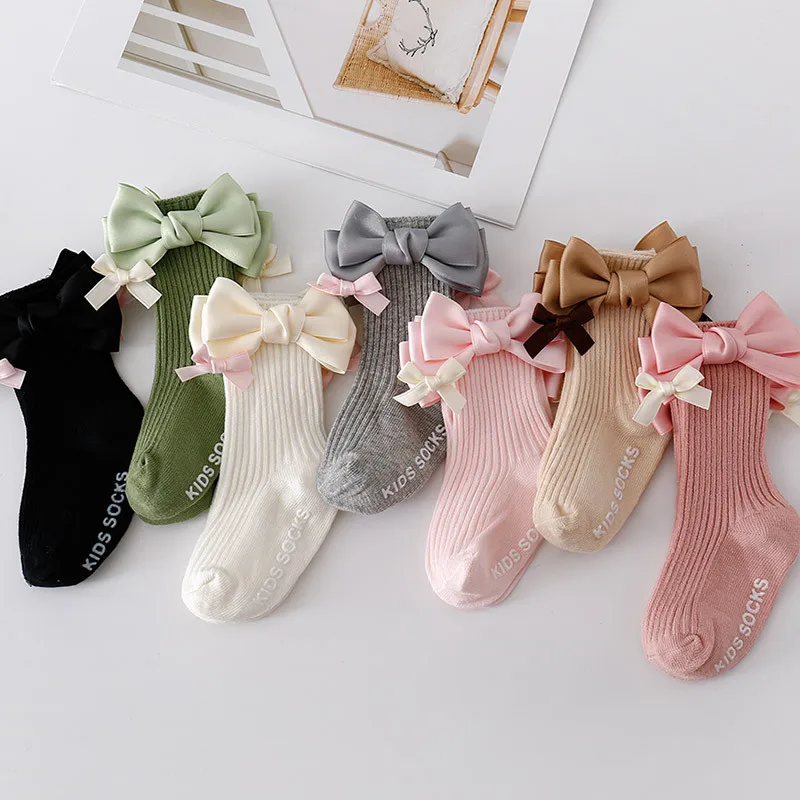 

Bowknot Princess Girl Socks Candy Color Kids Stockings Anti-Slip Newborn Floor Sock Spring Autumn Cotton Mid Tube Sock 6-36Month