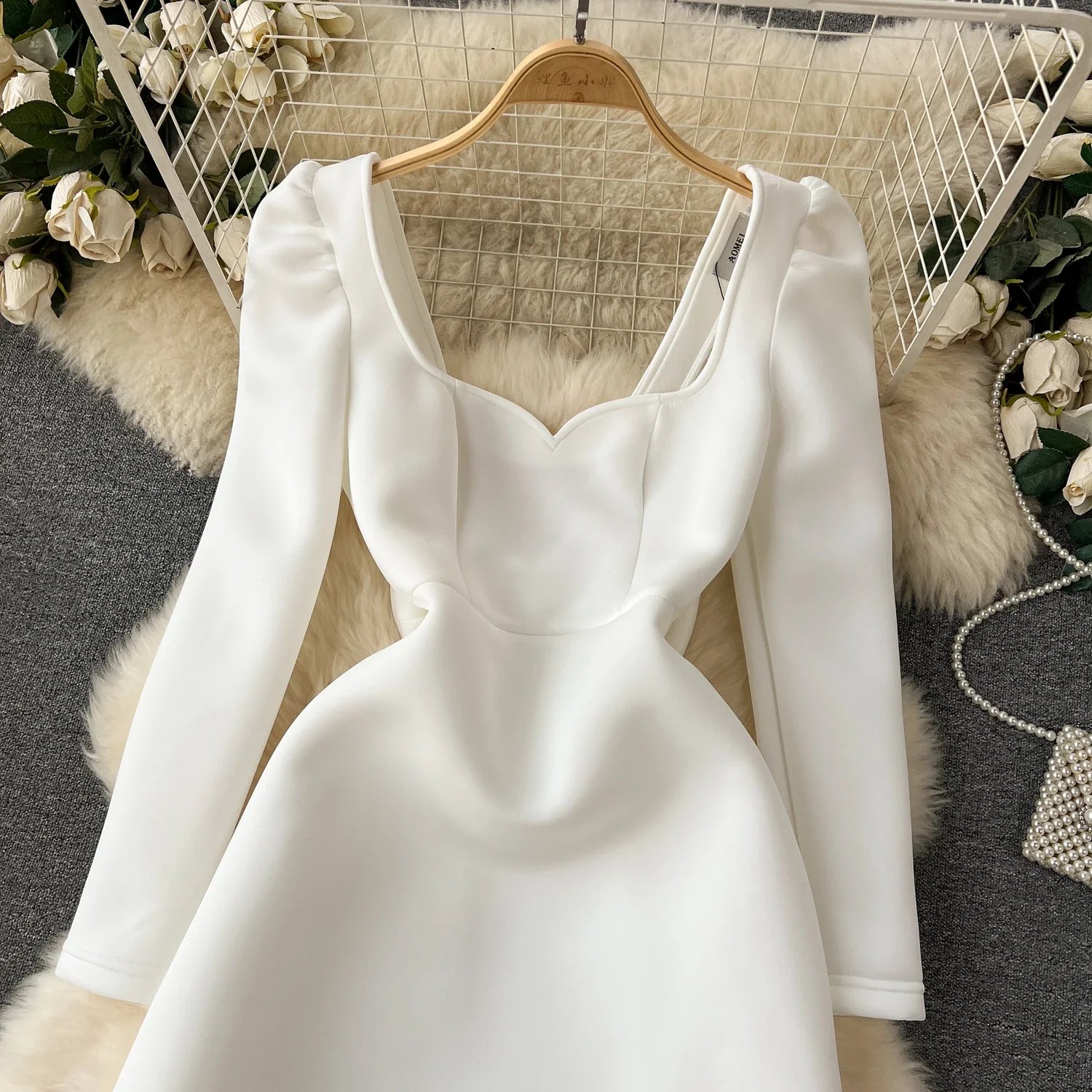 White Wedding Dress For Women Hollowed Out Backless Bow Decoration Short Dresses Waist Cinched Bubble Long Sleeve Fall Dress