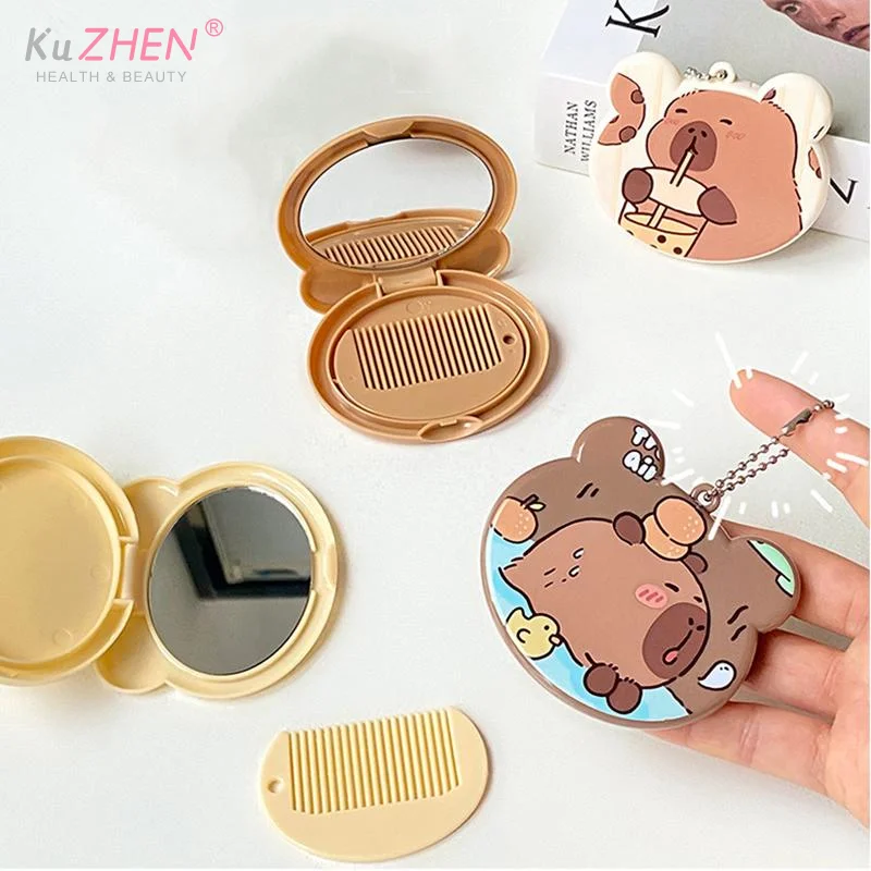 1pc Capybara Flip-Top Handheld Folding Makeup Mirror Cartoon Cute Student Small Mirror Portable Makeup Mirror Comb Gift ForWomen