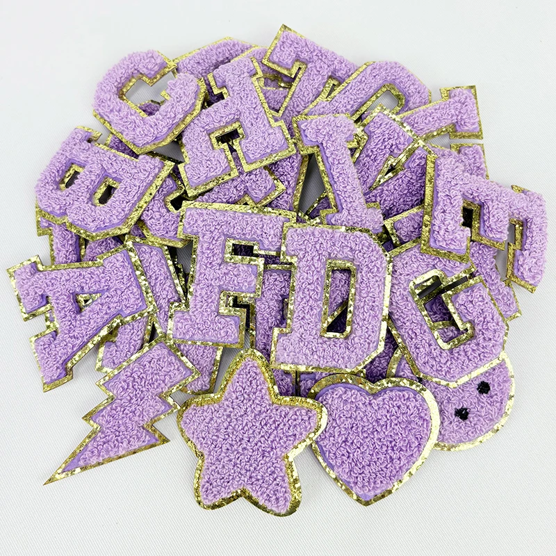 Purple Letters Sticker Patch Alphabet Towel Embroidered Chenille Patches for Clothing Bags Jacket Stick on Accessories Applique