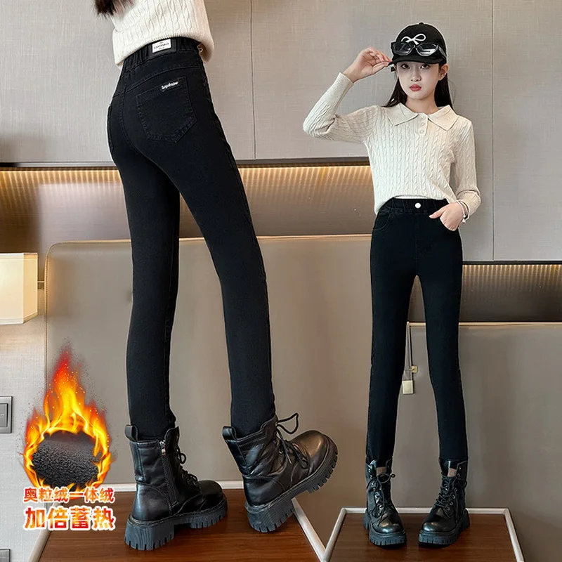 Girl Winter High Waist Insulate Skinny Jeans For Kids Black Blue Thermal Close-fitting Denim Pants Child Leggings Jeans Trousers