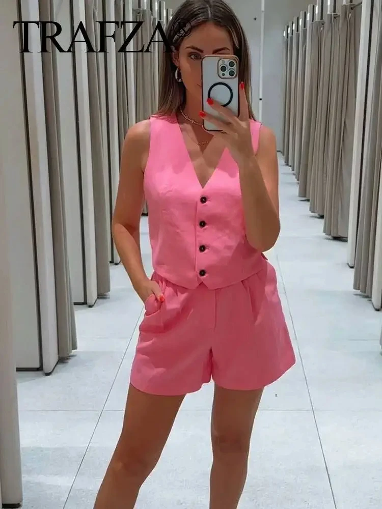 TRAFZA Vintage Women Solid Vest Shorts Sets Button V Neck Crop Vest Top Zipper Fly High Waist Slim Short Pink Streetwear Outfit