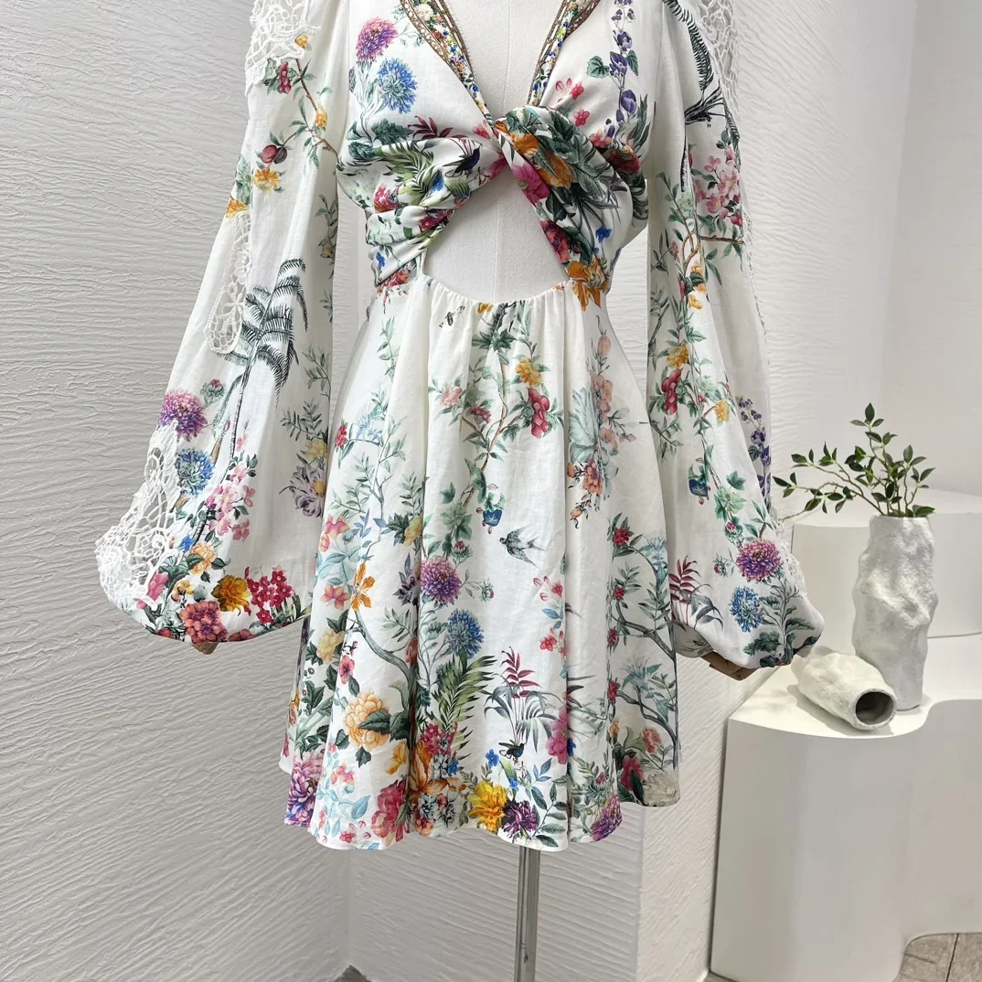 Hollow Out Floral Print 2024 New Summer Linen Cross Tie Waist Lantern Sleeve Diamonds Women Vintage Multi-color Mini Dress