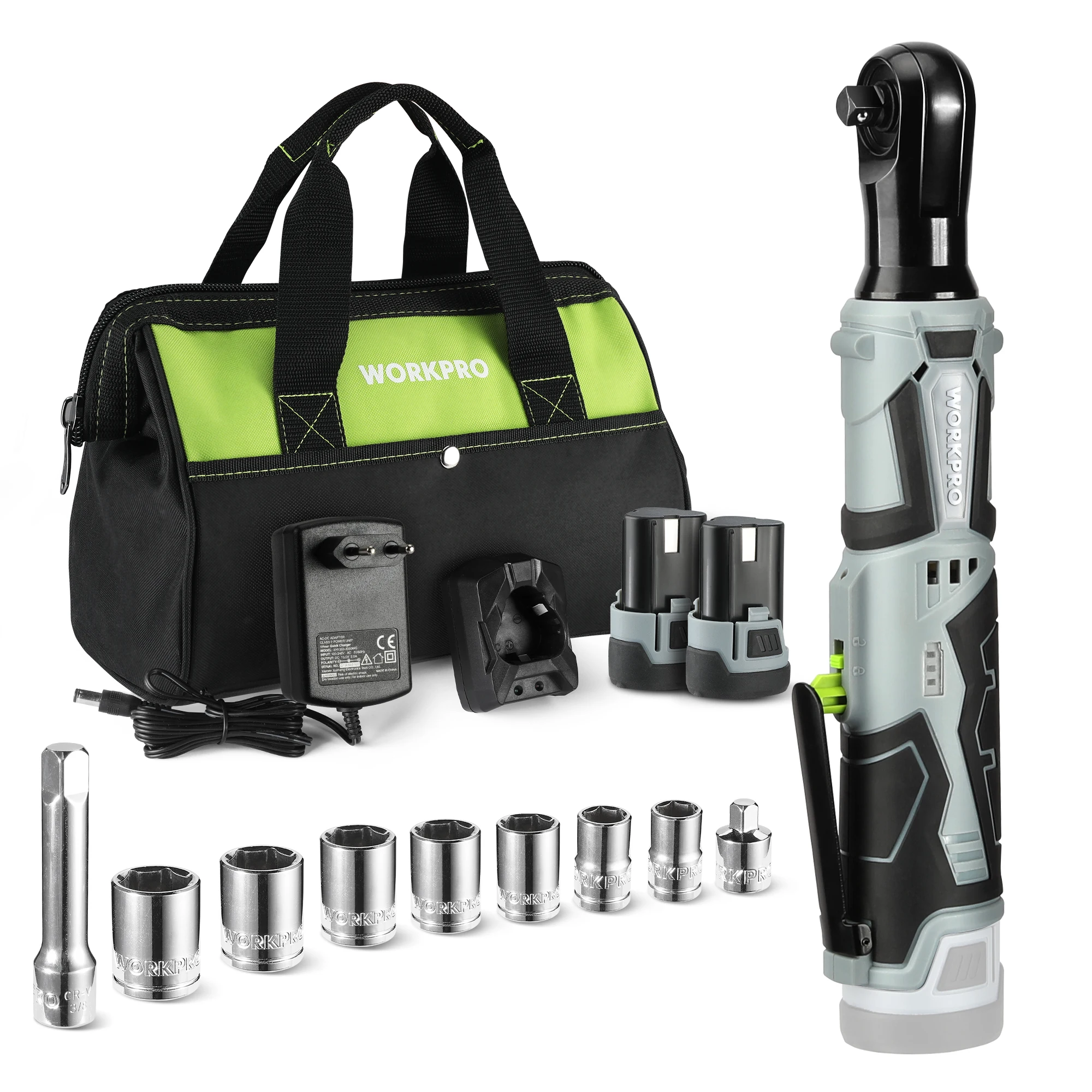 WORKPRO 12V Cordless Electric Ratchet Wrench Set, 3/8" Ratchet Tool Kit With 1/2 Packs 2000mAh Lithium-Ion Battery and Charger