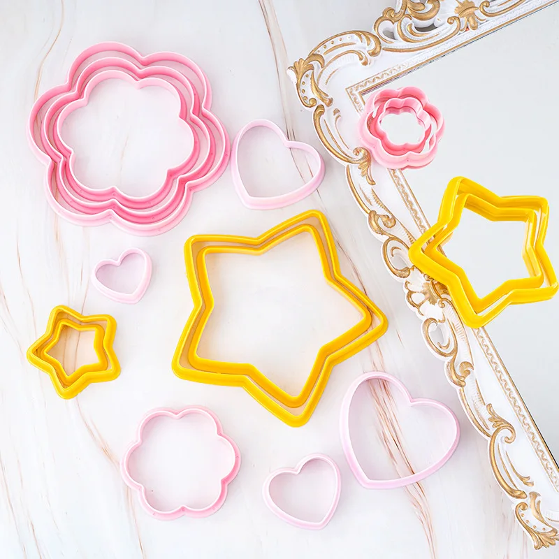 

6/4Pcs Heart Star Flower Cookie Cutter Fondant Cake Mold Embosser Geometric Biscuit Stamp Plunger Embossing Cake Decorating Tool