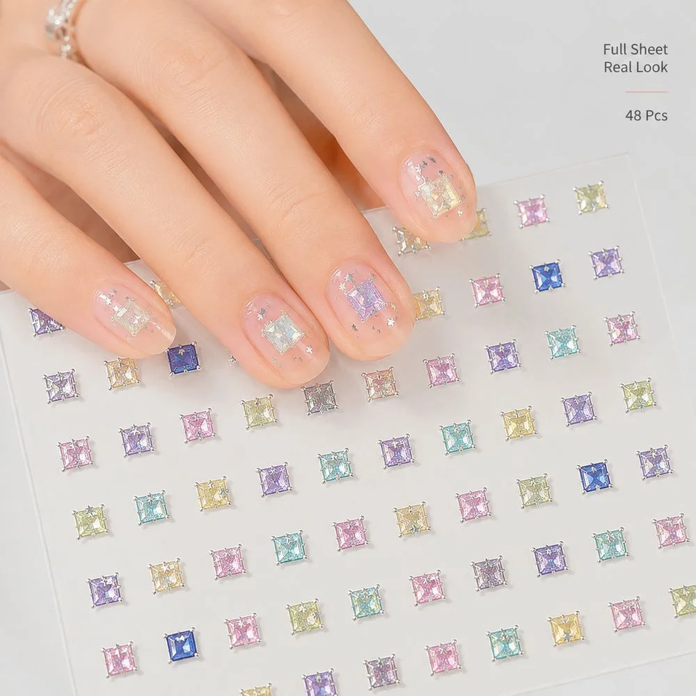 1Pc Self‑Adhesive Bling Nail Decals Multicolor Square Sugar Hologram Star Rhinestone Stickers For Daily DIY Manicure Work