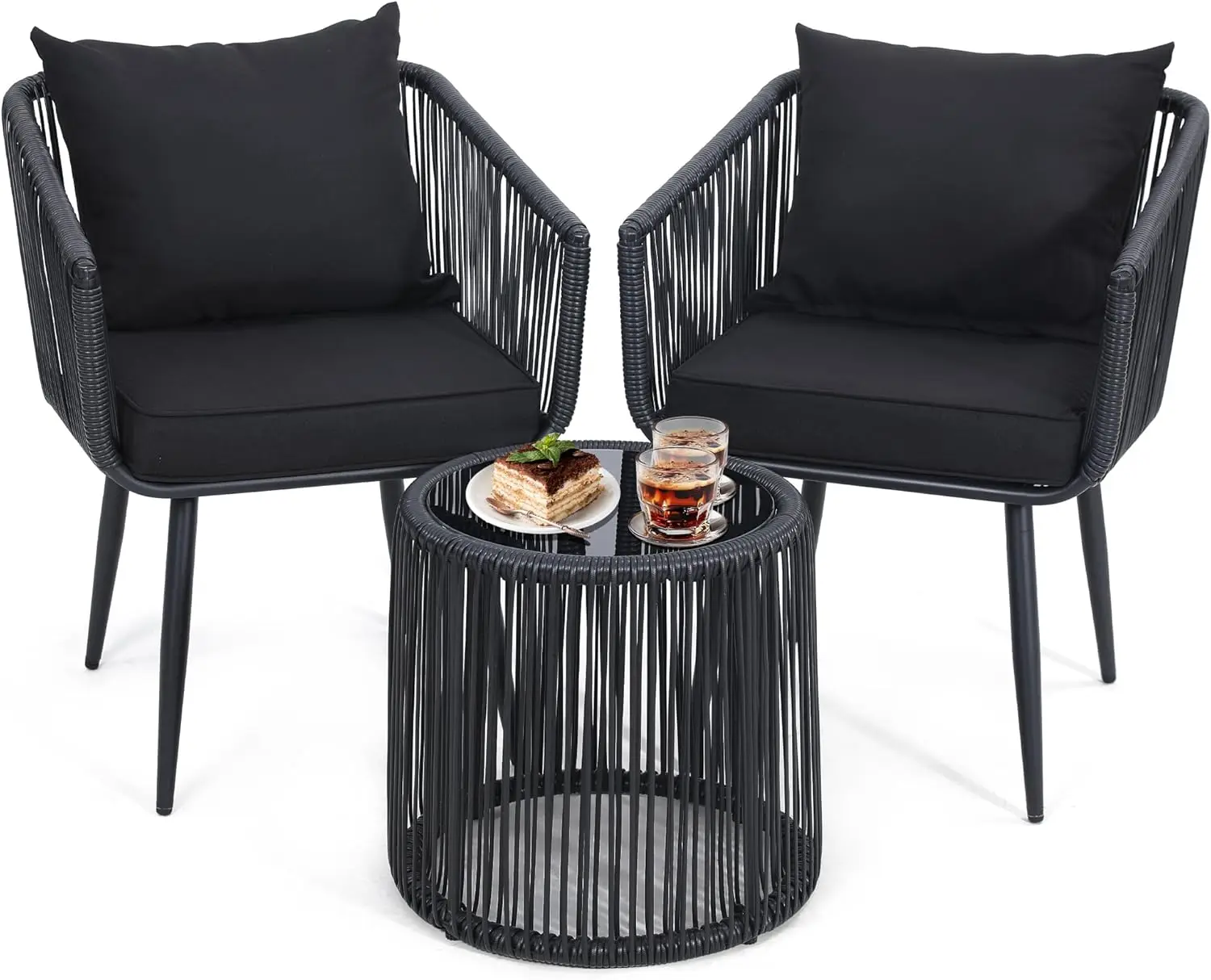 

3 Pieces Patio Rattan Bistro Conversation Set, Outdoor All-Weather Wicker Furniture Chairs and Side Table Set Ideal for Balcony,