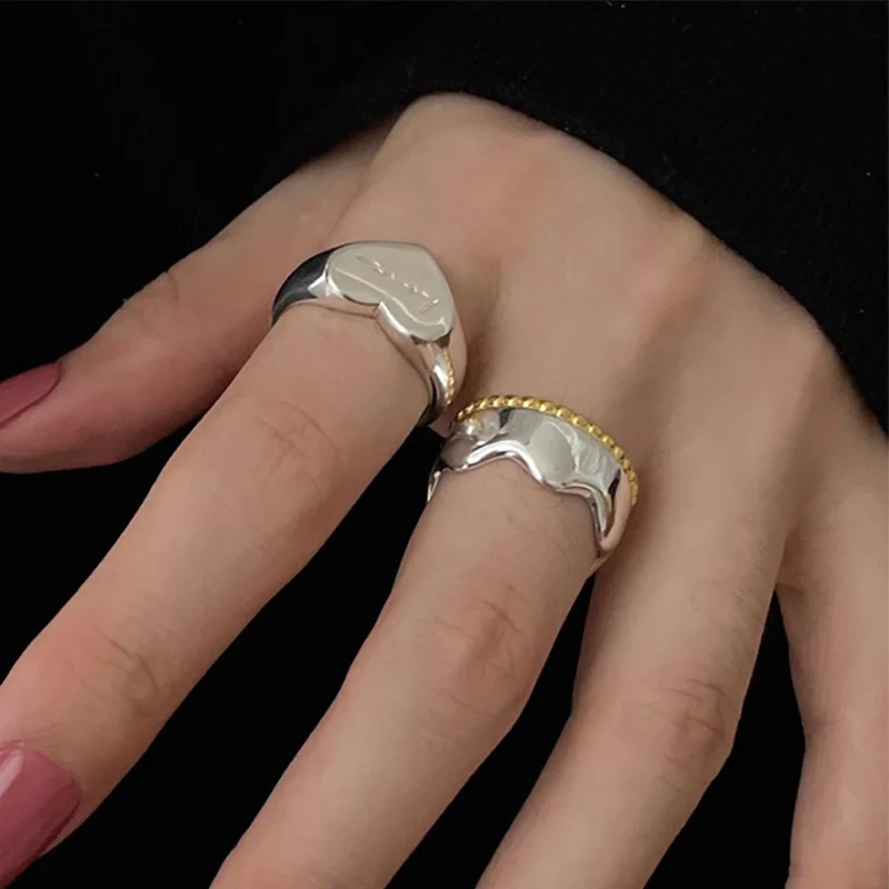 Foxanry Silver Color Love Heart Geometric Letter Rings For Women Couples Fashion Simple Classic Birthday Party Jewelry Gifts