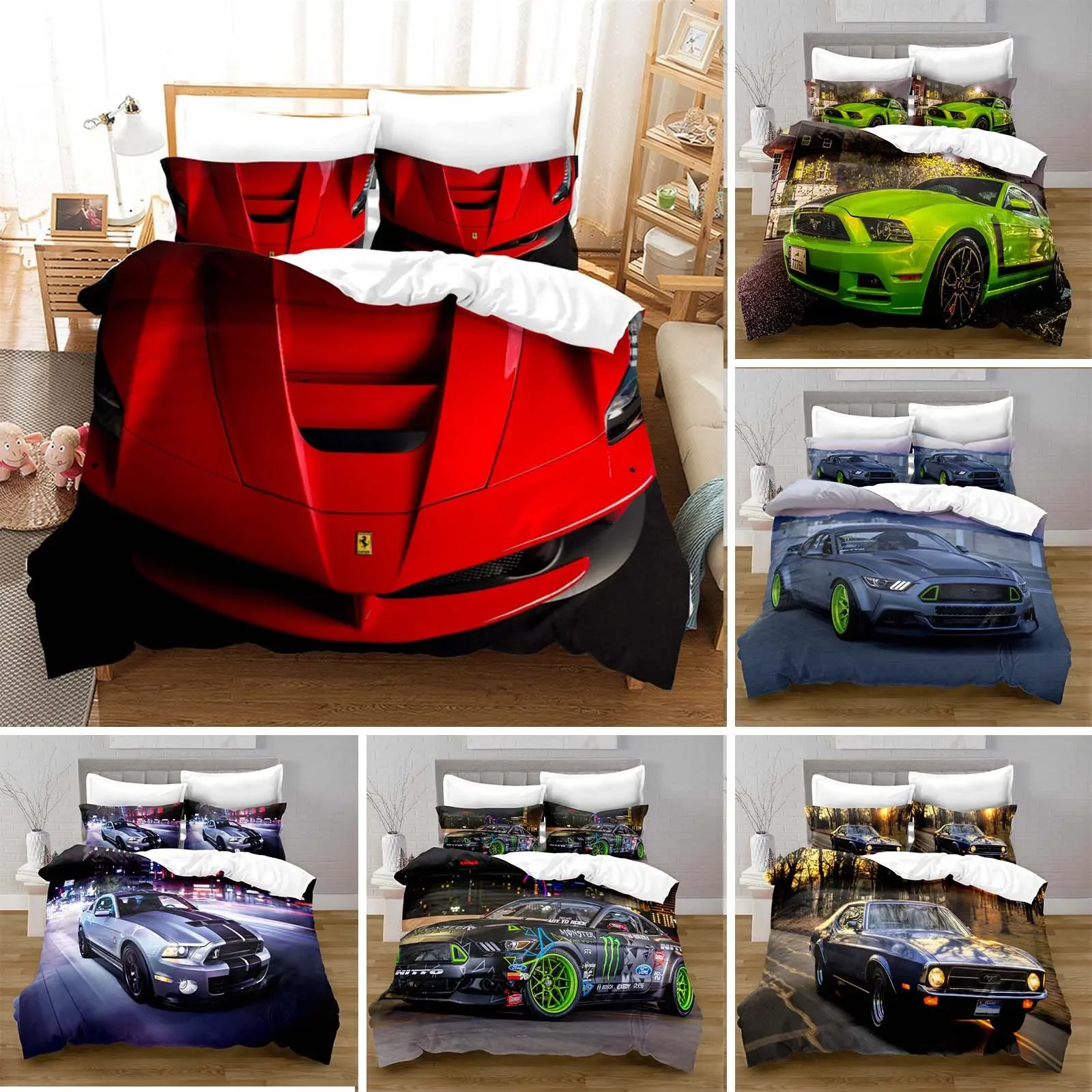 

Cars Vehicles Bedding Set Boys Bedroom Decor Quilt Cover Pillowcase Cars Racing Print Bed Linen Set King Queen for Adults